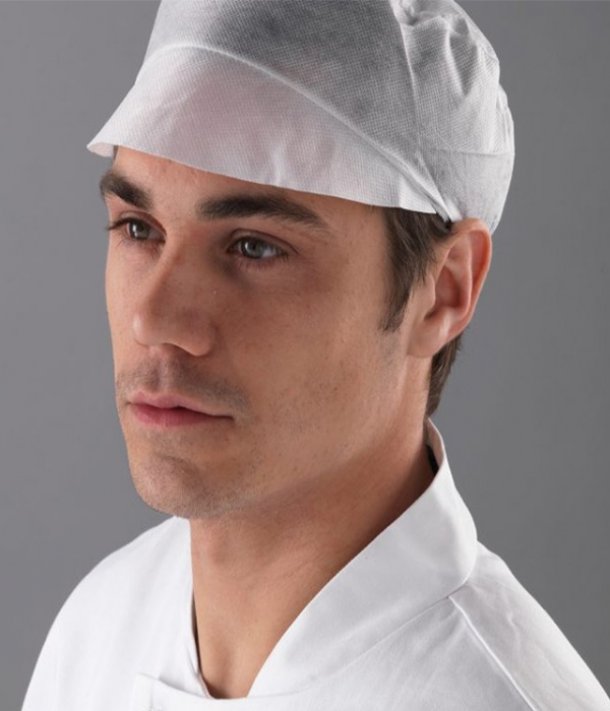 <img src=Σκουφάκια Λευκά Με Γείσο Ανδρικά, μιας χρήσης 100 τεμ alt=Άνδρας που το φοράει>