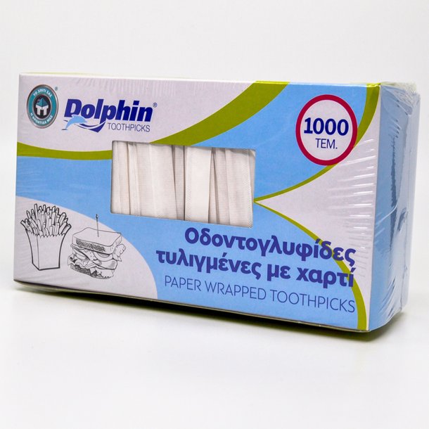 <img src=Οδοντογλυφίδες DOLPHIN Συσκευασμένες 1/1 σε χαρτί alt=Θήκη με οδοντογλυφίδες πάνω στο τραπέζι>