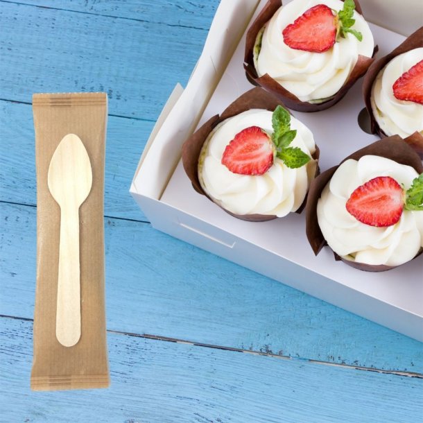 <img src=Ξύλινο κουταλάκι μιας χρήσης 11cm συσκευασμένο ανά ένα σε χαρτί -100τεμ  alt=Καφέ κουταλάκι πάνω στην καφέ συσκευασία του δίπλα σε ένα κουτί με γλυκά> 