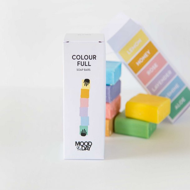 <img src=Σαπούνια ελαιολάδου ξενοδοχείου Mood of the day - Σετ 6 τεμ alt=Λευκό κουτί που δείχνει 6 σαπούνια σε χρώματα γαλάζιο, μωβ, ροζ, πορτοκαλί, πράσινο και κίτρινο> 