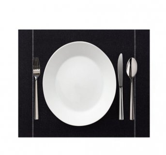 <img src=Σουπλά Αλέκιαστο 30x40cm - Σετ 12 τεμ alt=Ένα λευκό πιάτο με ασημί μαχαιροπήρουνα πάνω σε ένα μαύρο σουπλά> 